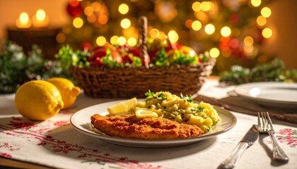 Ein goldbraun knuspriges Schnitzel wird zusammen mit Kartoffelsalat und Zitronenscheiben serviert 