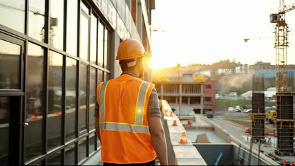 A worker in a hard hat and safety vest walks on a high-rise building site at sunset overlooking an urban landscape under construction