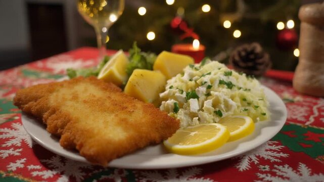 Ein goldbraun knuspriges Schnitzel wird zusammen mit Kartoffelsalat und Zitronenscheiben serviert 