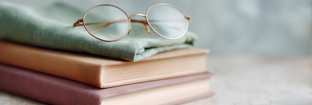 Stack of books with a pair of glasses on top - Powered by Adobe