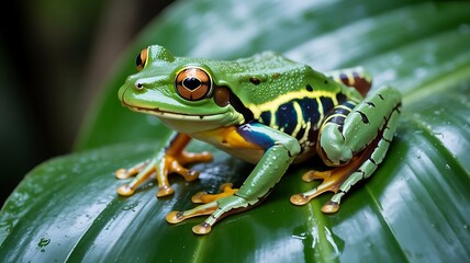 A vibrant amphibian resting peacefully on a large green leaf in a lush natural environment setting outdoors
