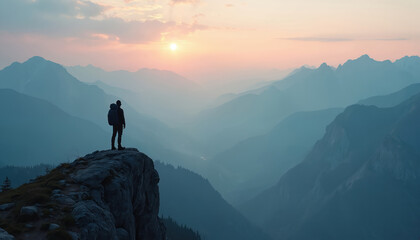 Fototapeta premium Man with backpack stands on mountaintop looks at sunrise. Hiker enjoys scenic mountain view. Person journey on peak, explores nature landscapes. Adventure travel lifestyle outdoor activity extreme