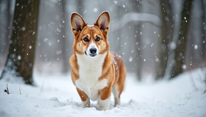 Cardigan Welsh Corgi walks in a snowy forest. Winter wonderland scene with falling snowflakes. Cute dog enjoys cold weather outdoors, exploring nature during a frosty day.