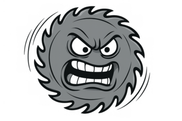 Angry spinning saw blade cartoon character on transparent background portraying danger and warning