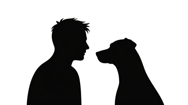 Man and dog in silhouette sharing a loving moment of connection