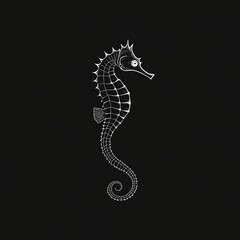 Fototapeta premium White line art seahorse against black background. Unique marine creature with curly tail and spiky crest. Elegant sea animal illustration for design.