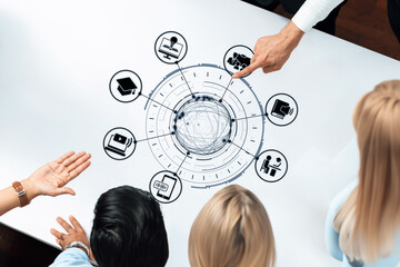 Online education icons show e-learning, online education classes, and digital study. Online education enables global online education access, flexible learning. Entice