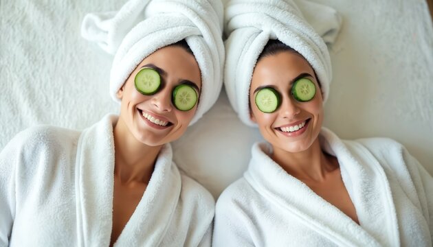 Two smiling women wearing white robes and towels relax with cucumber slices on their eyes. They enjoy a spa day together, feeling refreshed and happy in cozy comfort.