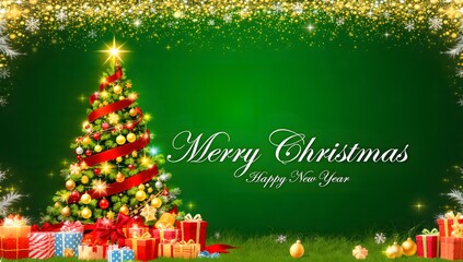 Festive Christmas Background with Decorated Tree, Stack of Gifts, Golden Glitter Border, Snowflakes, and Copy Space on Emerald Green Gradient for Holiday Greetings.