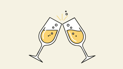 A celebratory New Year's toast represented by a simple vector icon of two clinking champagne glasses with bubbles