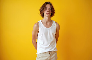 Young adult with long brown hair wears white tank top and beige pants. Poses with hands behind back against bright yellow studio background. Neutral expression, direct gaze, relaxed stance.