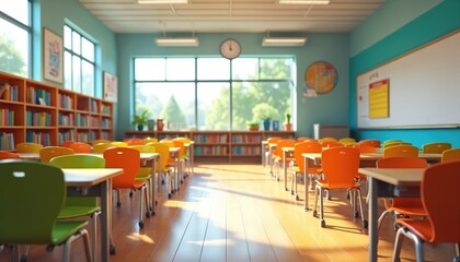 Bright modern school classroom interior. Empty room with rows of colorful chairs tables facing the front. Sunlight streams through window. Education concept for design.