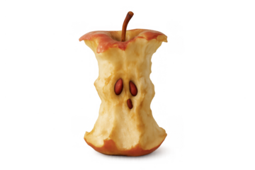 Spooky apple core forming a creepy face, showing food waste and the discarded remains of a fruit, transparent background