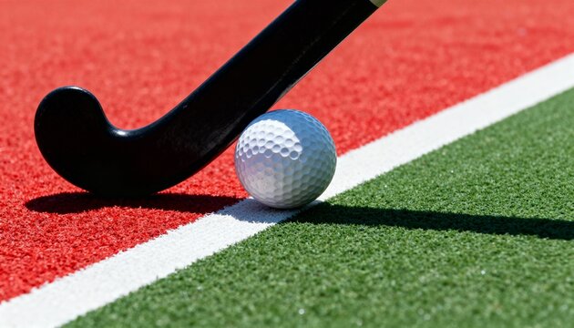 A field hockey stick and ball on an artificial turf pitch. Close-up of sports equipment on a red and green field. Athletic competition and game concept