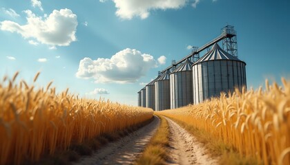 Golden wheat field leads to tall grain silos under blue sky with fluffy clouds. Agricultural storage facility for harvest on farmland. Rural landscape background for farm industry.