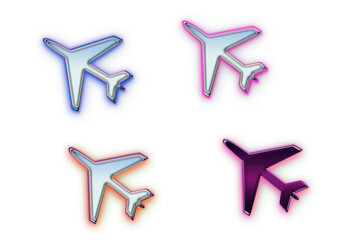 Glowing neon airplane graphic elements isolated on transparent background. Bright neon airplane in red, yellow, purple and blue colors.