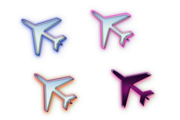 Glowing neon airplane  graphic elements isolated on transparent background. Bright neon airplane in red, yellow, purple and blue colors.