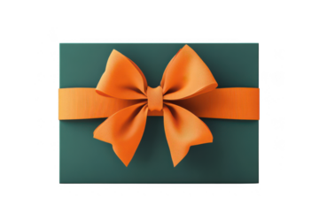 Elegant teal gift box with vibrant orange bow and ribbon present isolated on transparent background