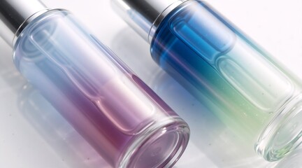 Cosmetic bottles feature liquid in mermaidcore gradients. Luxury skincare serum mock-up on a white background