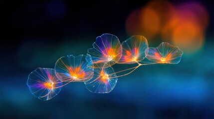 Colorful luminescent jellyfish floating gracefully in a dark ocean, creating a vibrant underwater scene