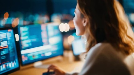 Faceless woman working in office with futuristic graphical user interface concept ICT Information Communication Technology system engineering digital workplace modern office - Powered by Adobe