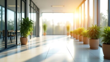 Obraz premium Bright modern office hallway with large windows and potted plants casting long shadows