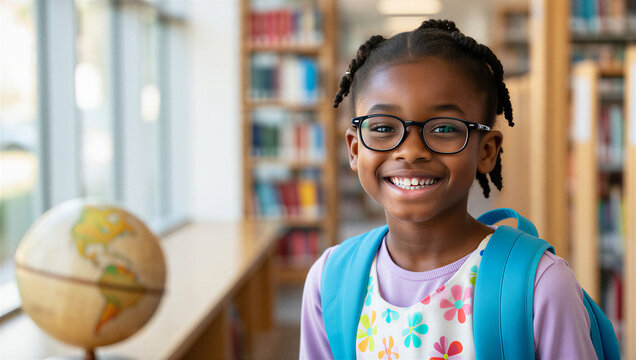 Smiling African American Girl Student with Glasses & Backpack in Library. Educational Future, Happy Child Learning.