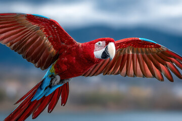 Red and Blue Macaw Soaring with Wings Spread