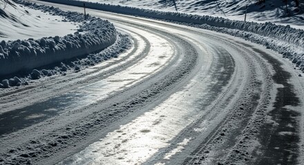 Icy road after snowfall creates dangerous driving conditions on winter day. Icy road poses risks, slippery surfaces and difficult conditions, demanding caution.