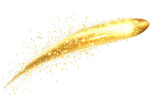 Golden sparkling light trail, magical comet dust effect element isolated on transparent background