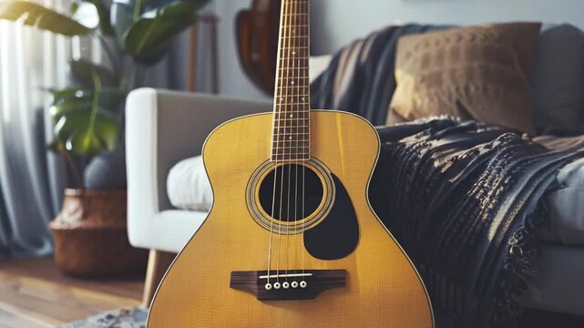 An acoustic guitar with a natural wood finish stands in a sunlit living room with a couch throw blanket and a potted plant in the background