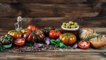 Gourmet Heirloom Tomatoes Olives Garlic Bread Spices and Herbs Artfully Arranged on Rustic Wooden Tabletop with Bottle of Oil Overhead Natural Lighting