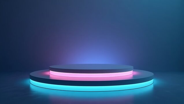 Futuristic neon lit podium stage with glowing blue and pink lights on dark background