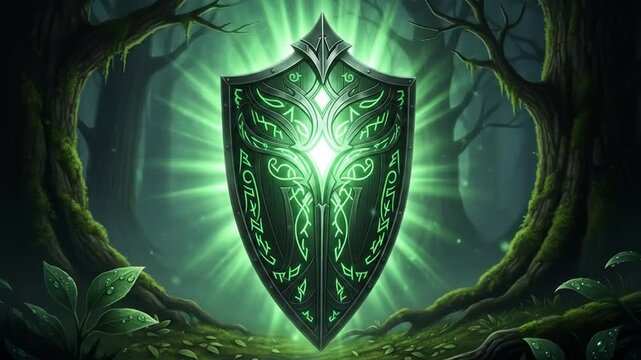 Mystical forest with glowing shield, fantasy world, magical atmosphere, green shield