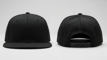 Two black snapback caps shown from front and back on a white background, studio shot