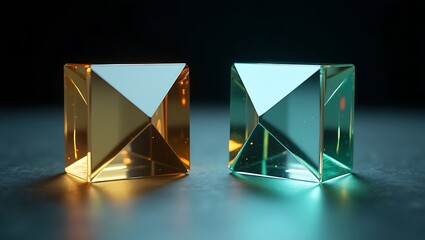 Two faceted geometric crystal objects with warm golden and cool green light reflections on a dark reflective surface
