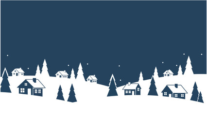 Winter Village Landscape Silhouette Illustration Snowy Houses Trees and Stars