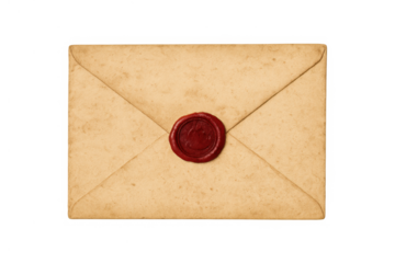 Vintage aged paper envelope with red wax seal maintaining a secret message or confidential correspondence