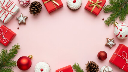 Holiday background with wrapped presents, star cookies and pine cones arranged in a round frame on pink backdrop. Christmas season mockup with negative space. Flat lay concept for greeting design.