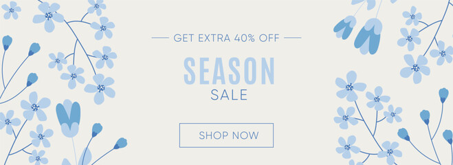 Season sale banner with blue floral illustration and minimalist layout