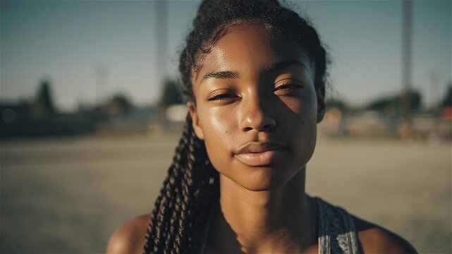 Closeup portrait of a young black woman with braided hair outdoors on a sunny day