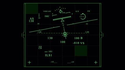 Aircraft Head Up Display Showing Flight Data and Navigation Information.