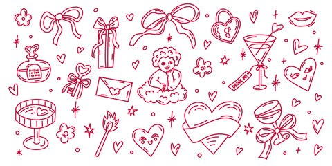 Valentine doodle set with romantic hearts, bows, gifts and cute Cupid illustration
