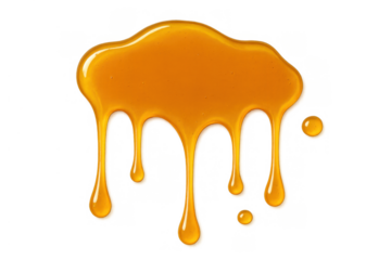 Honey fluid dripping, golden sweet syrup flowing, liquid sugar stream with drops on transparent background