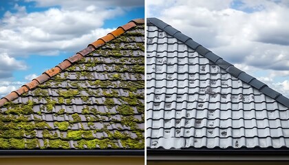 Contrast between dirty roof covered in moss versus clean gray roof tiles
