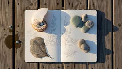 Inspiring summer beach journal with nautilus shell, stones, and seaside sketches for vacation memories, creative inspiration, and relaxation concepts