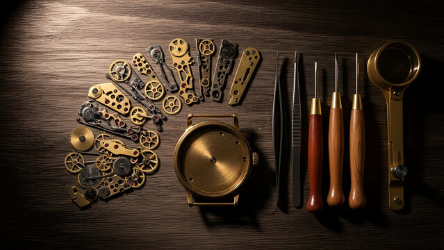 Intricate watch mechanism parts arranged with tools, capturing the essence of horology and craftsmanship. Perfect for luxury brands and vintage themes.