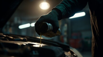 Mechanic pouring fresh motor oil for car maintenance in auto repair shop