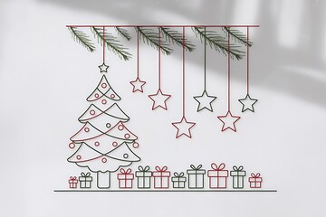 christmas tree with gifts Merry Christmas and Happy Holidays greeting card, frame, banner. New Year. Noel. Red and white Christmas decorations and g top view. Winter xmas holiday celebration