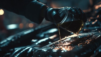 Mechanic skillfully pours fresh motor oil into engine for peak performance